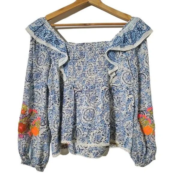 Love The Label Floral Boho Top XS Embroidered Ruffle Smocked Balloon Sleeve - Picture 5 of 10